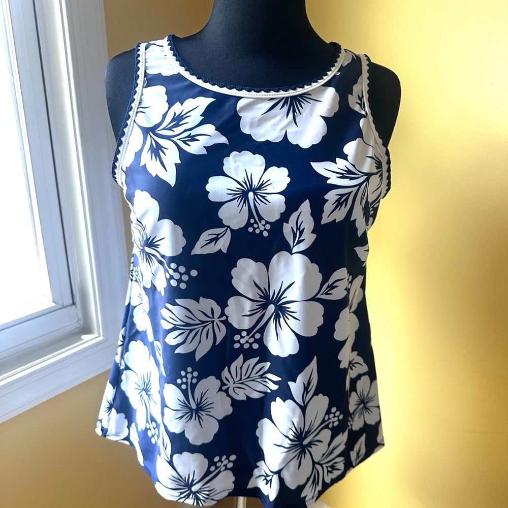 Floral Sleeveless Top - Navy and White swim top